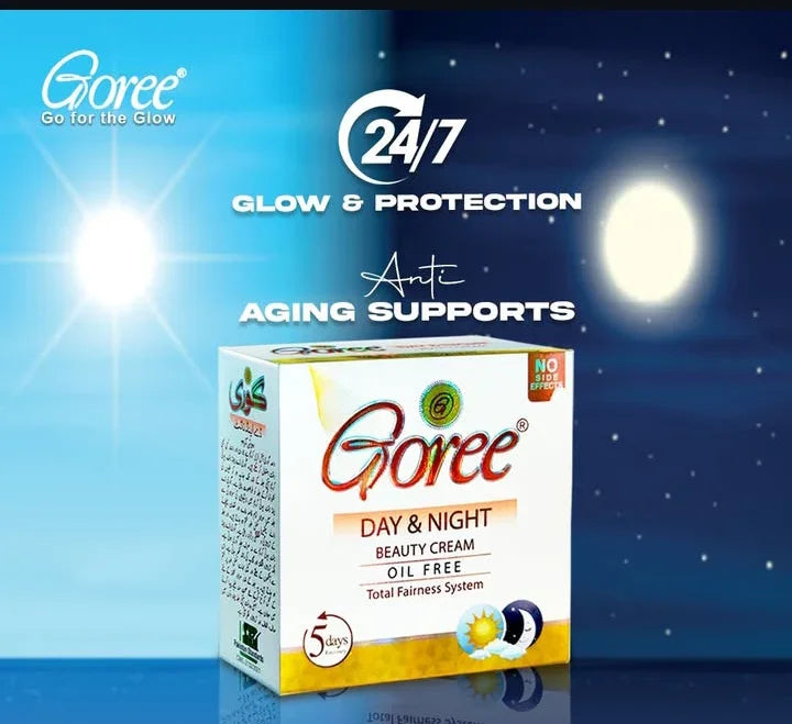 Goree Day & Night Beauty Cream box with '24/7 Glow & Protection' text on a blue and dark blue gradient background.